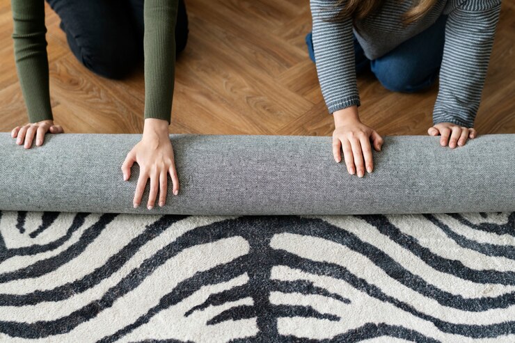 two pairs of hands spreading out a zebra print rug on the floor