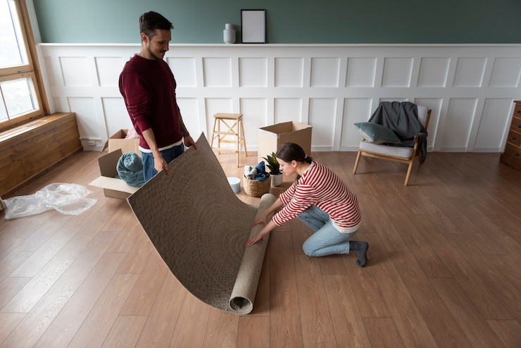 a young couple rolling out a gray rug on the floor